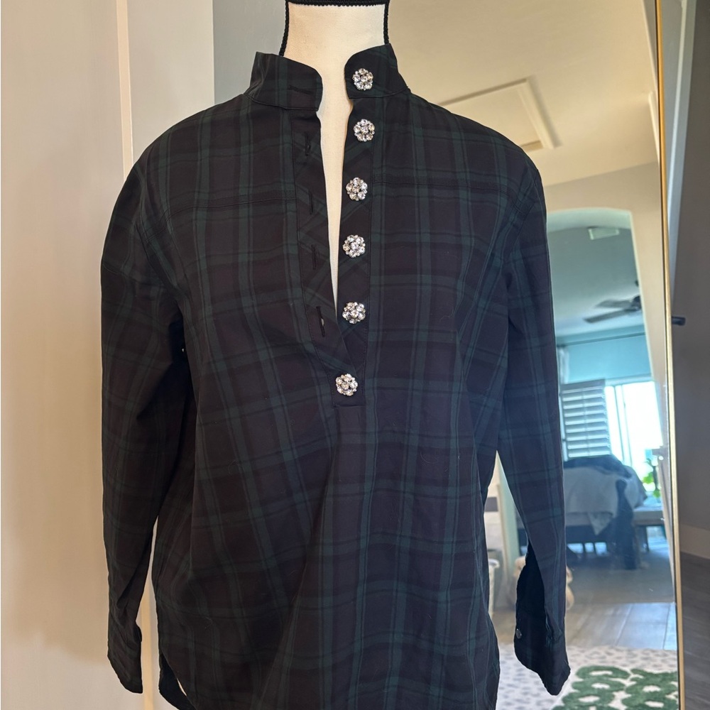 J crew women’s  Black Plaid Shirt with Decorative Buttons